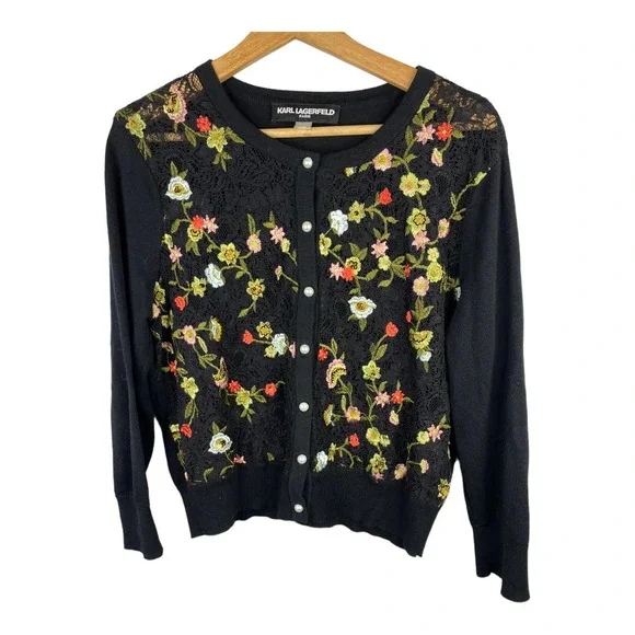 Karl Lagerfeld Lace Embroidered Pearl Button Up Cardigan Sweater Size Large - Picture 2 of 9